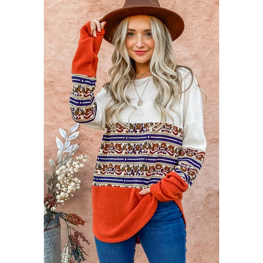 And The Why Ethnic Print Color Block Top Rust / S Apparel and Accessories