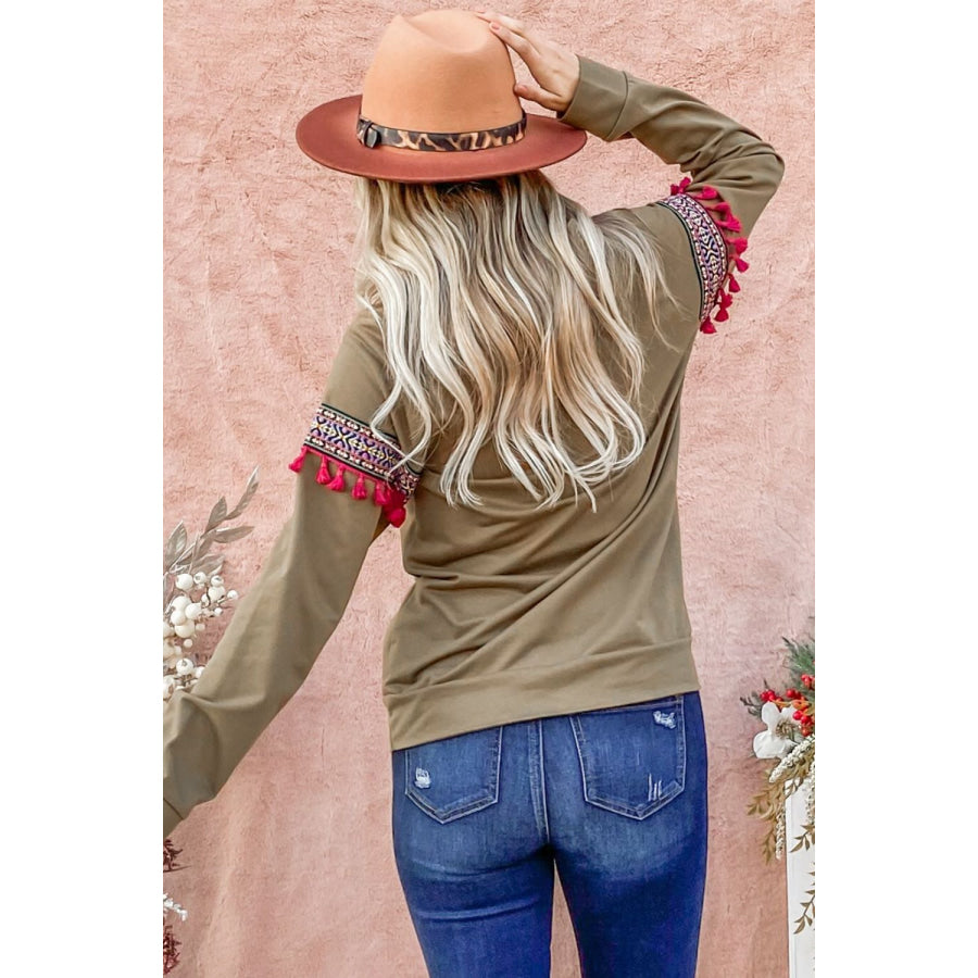 And The Why Ethnic Ribbon Tassel Trim Top Olive / S Apparel and Accessories