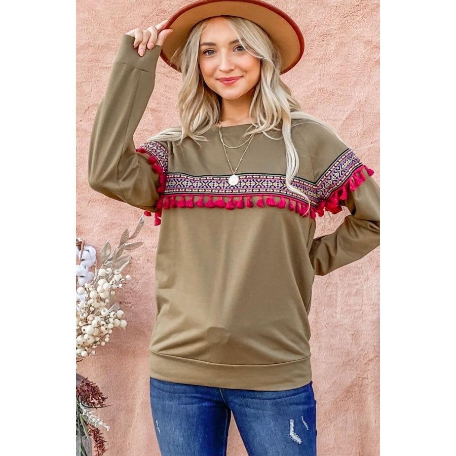 And The Why Ethnic Ribbon Tassel Trim Top Olive / S Apparel and Accessories