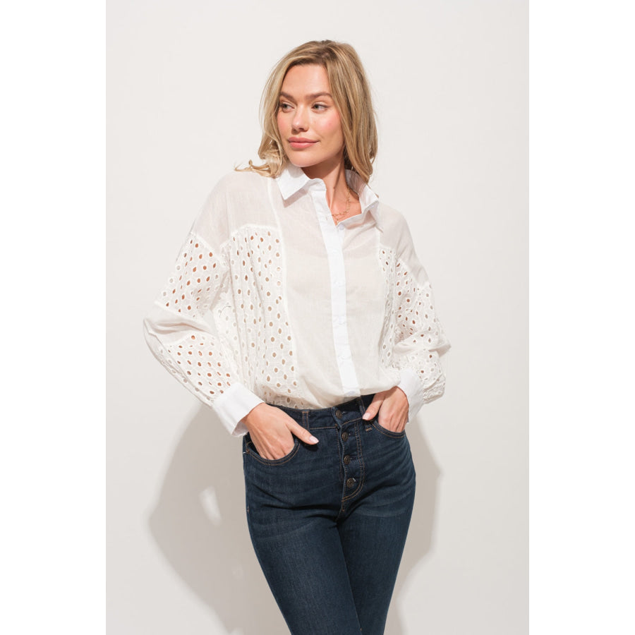 And The Why Eyelet Long Sleeve Button Down Shirt WHITE / S Apparel and Accessories