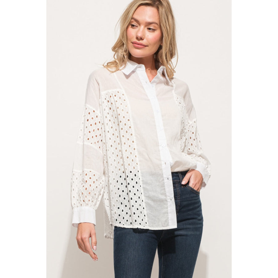 And The Why Eyelet Long Sleeve Button Down Shirt WHITE / S Apparel and Accessories