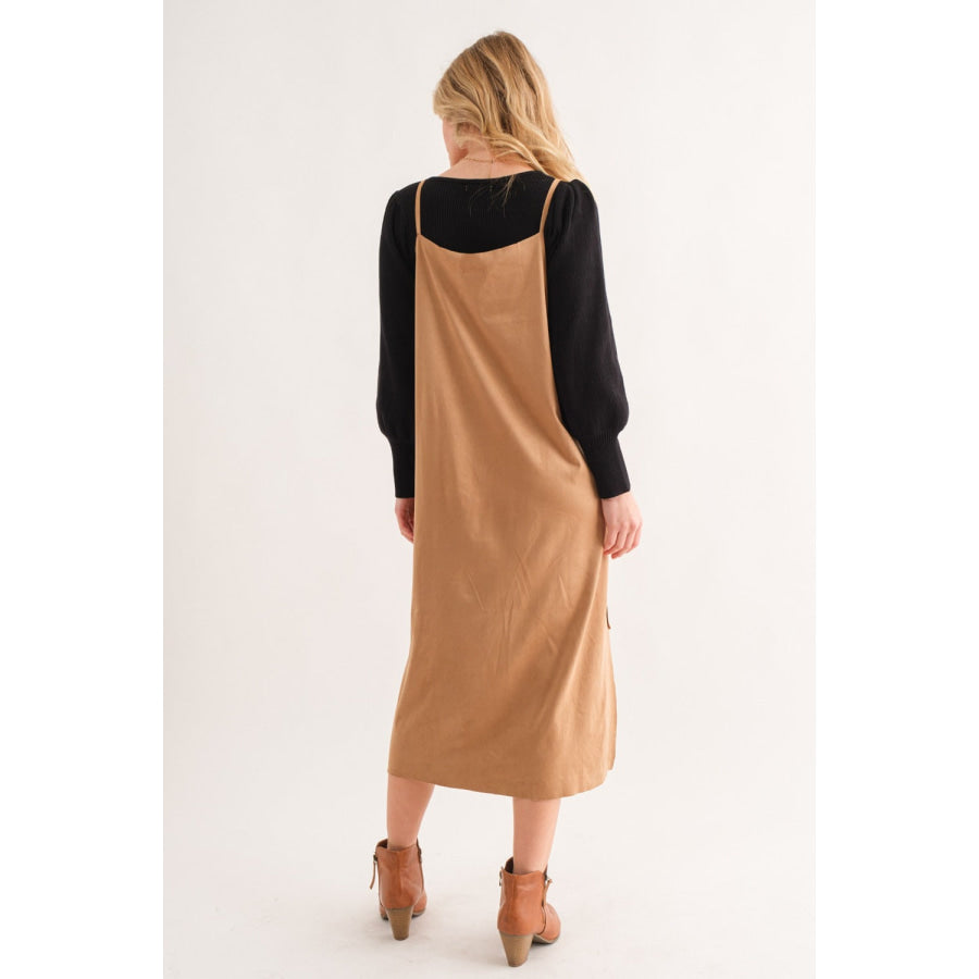 And The Why Faux Suede Cut Edge Slit Cami Midi Dress Apparel and Accessories