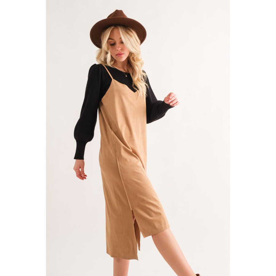 And The Why Faux Suede Cut Edge Slit Cami Midi Dress Khaki / S Apparel and Accessories