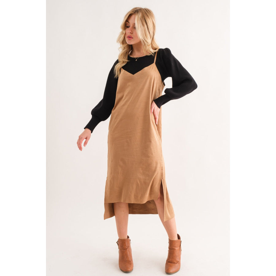 And The Why Faux Suede Cut Edge Slit Cami Midi Dress Apparel and Accessories