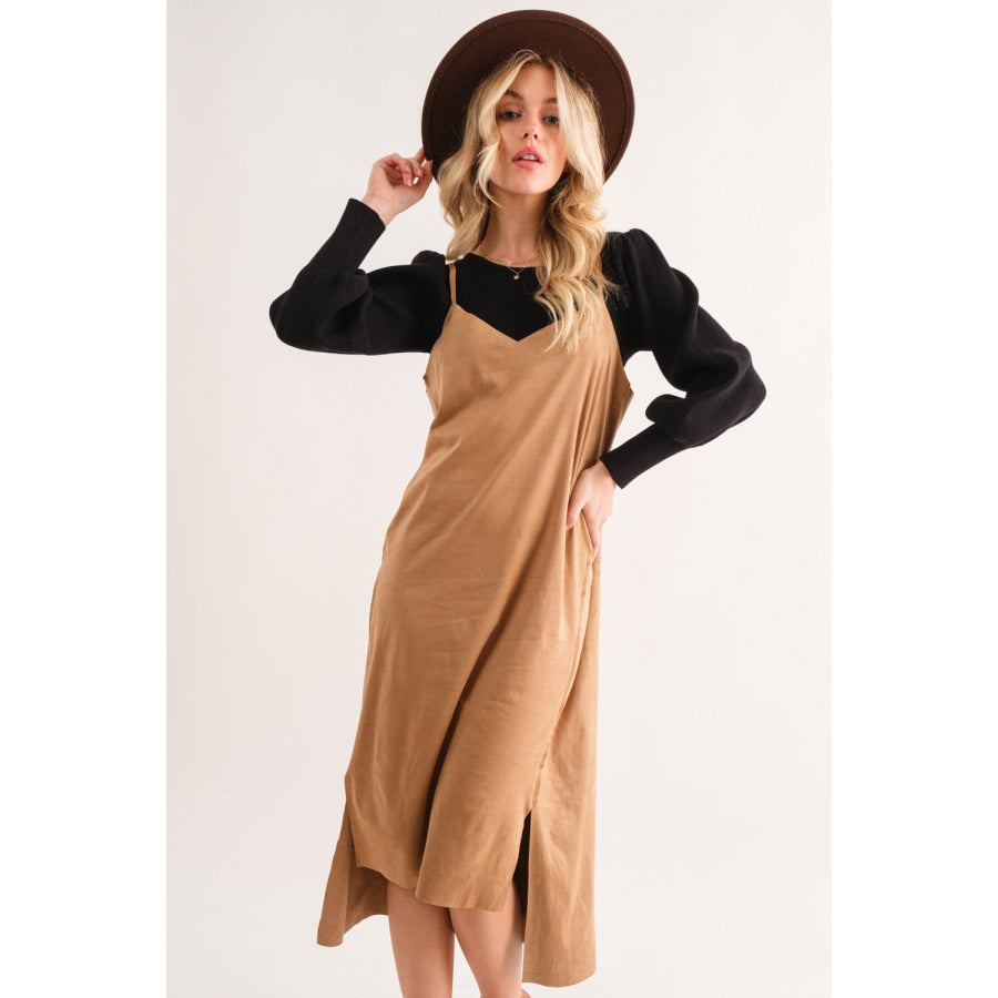 And The Why Faux Suede Cut Edge Slit Cami Midi Dress Khaki / S Apparel and Accessories