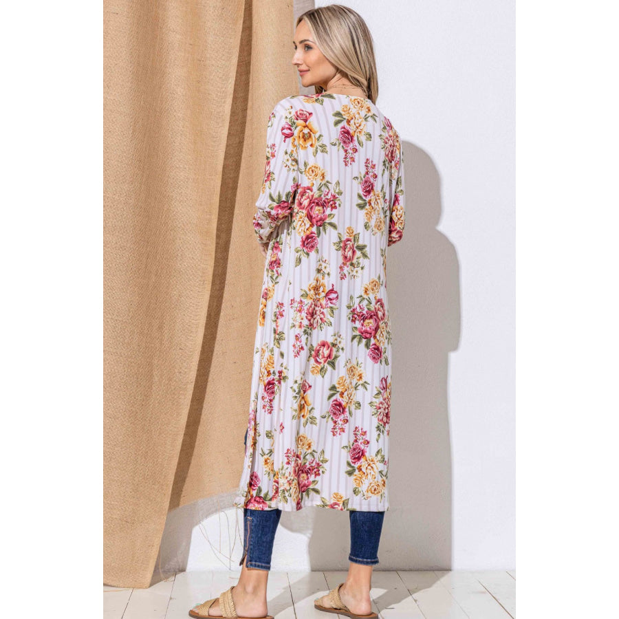 And The Why Floral Kimono Open Front Longline Cardigan Burgundy Stripe / S Apparel and Accessories