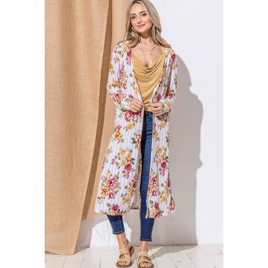 And The Why Floral Kimono Open Front Longline Cardigan Burgundy Stripe / S Apparel and Accessories