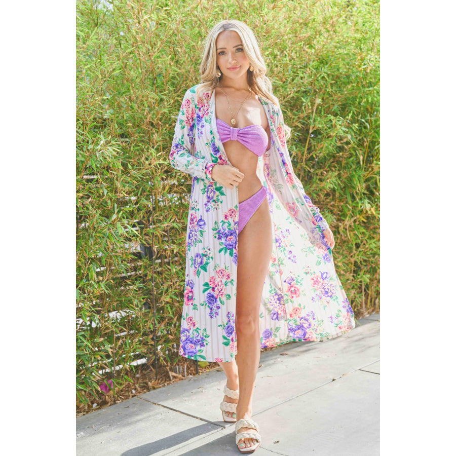 And The Why Floral Kimono Open Front Longline Cardigan Violet Stripe / S Apparel and Accessories