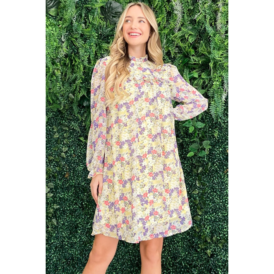 And The Why Floral Mock Neck Flounce Sleeve Dress Lemon / S Apparel and Accessories