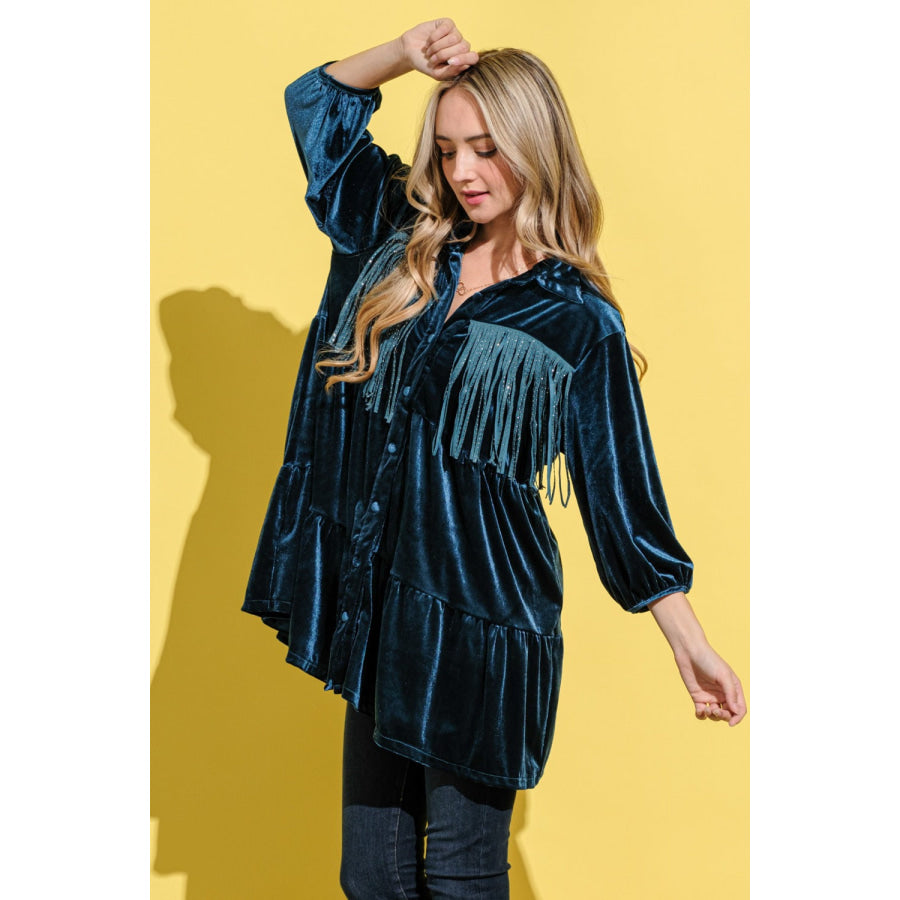 And The Why Fringe Detailed Velvet Shirt Dress Apparel and Accessories