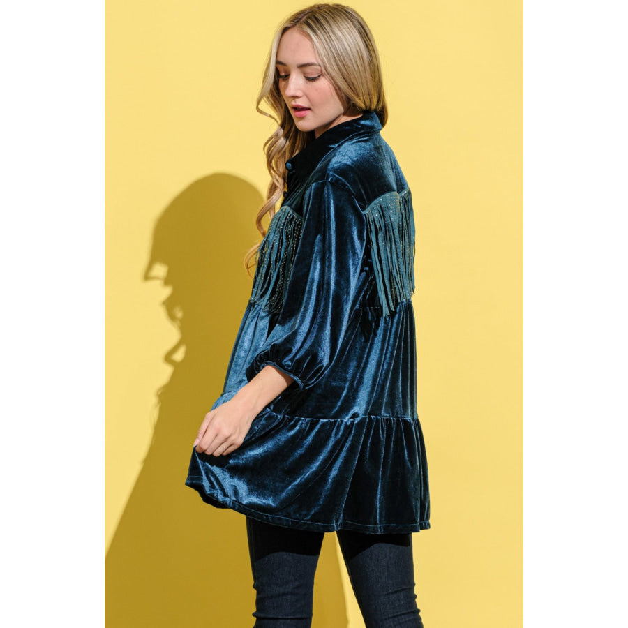 And The Why Fringe Detailed Velvet Shirt Dress Apparel and Accessories