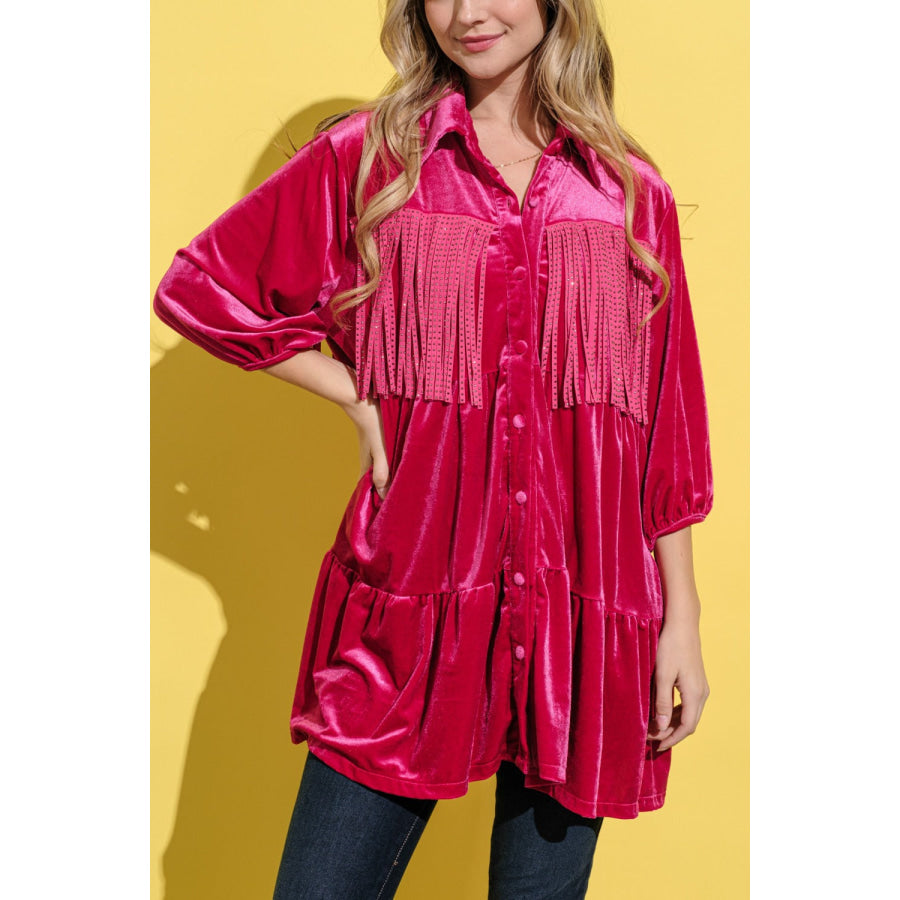 And The Why Fringe Detailed Velvet Shirt Dress Apparel and Accessories