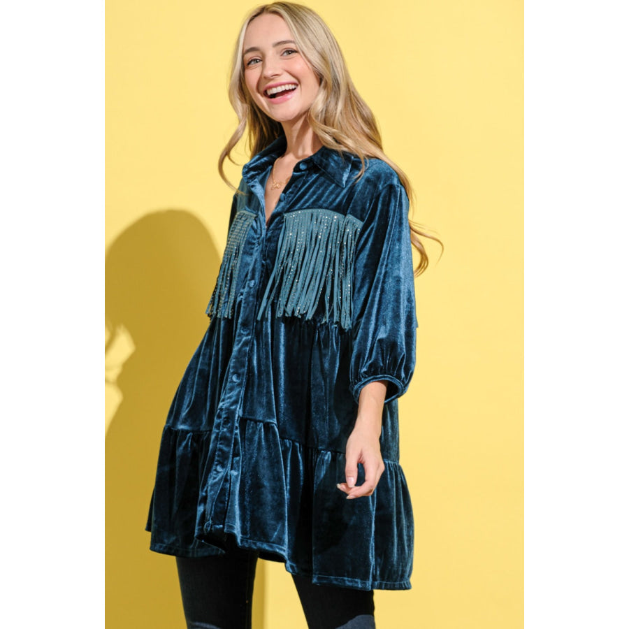 And The Why Fringe Detailed Velvet Shirt Dress Apparel and Accessories