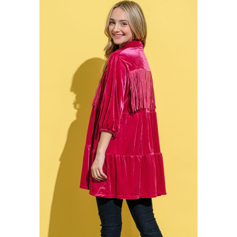 And The Why Fringe Detailed Velvet Shirt Dress Magenta / S Apparel and Accessories