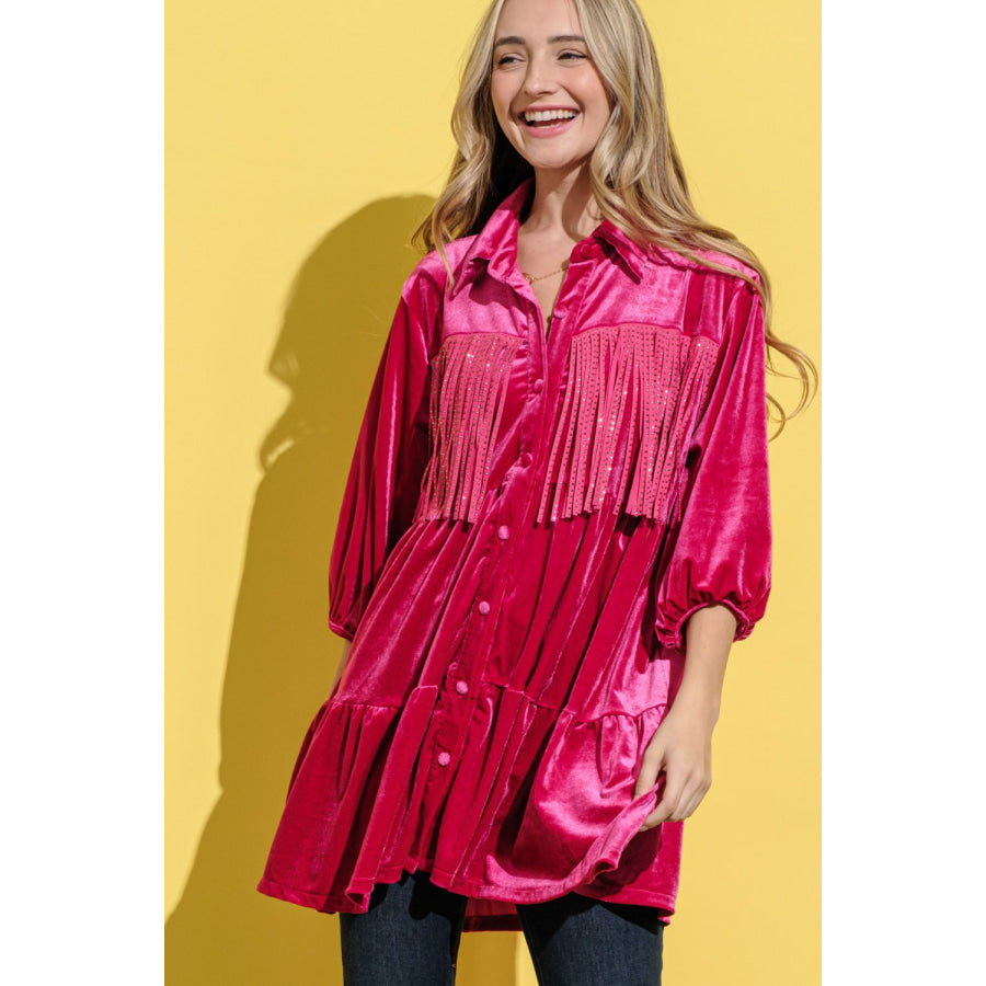 And The Why Fringe Detailed Velvet Shirt Dress Magenta / S Apparel and Accessories