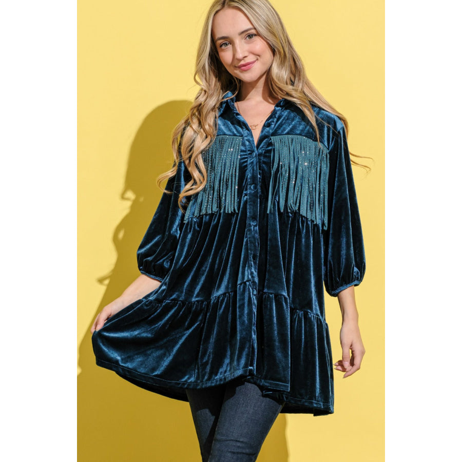 And The Why Fringe Detailed Velvet Shirt Dress Teal / S Apparel and Accessories