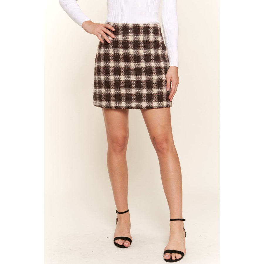 And The Why Full Size Brushed Plaid Mini Skirt Brown / S Apparel and Accessories