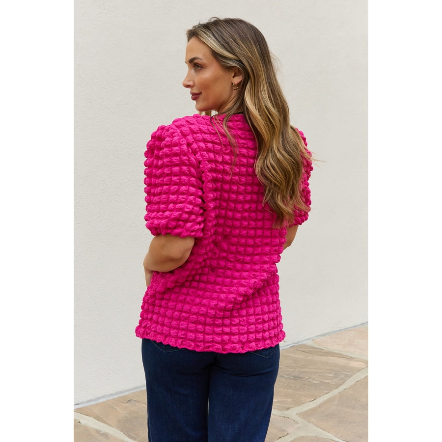 And The Why Full Size Bubble Textured Puff Sleeve Top Hot Pink / S