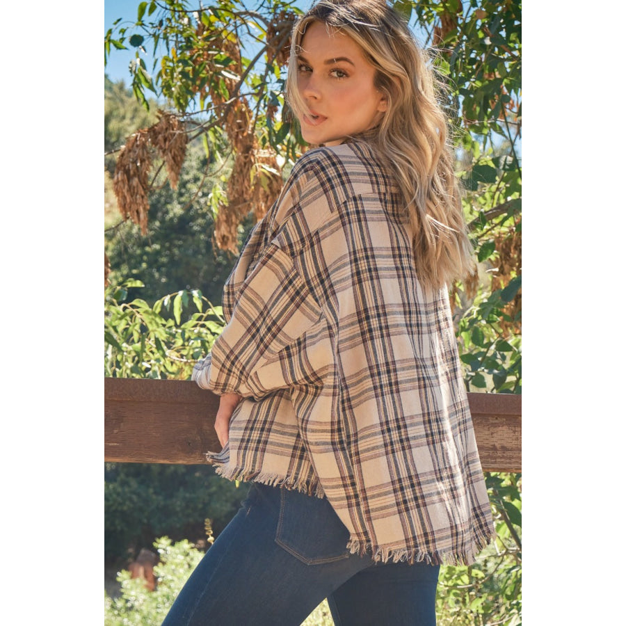 And The Why Full Size Button Up Raw Hem Plaid Shirt Taupe / S Apparel and Accessories