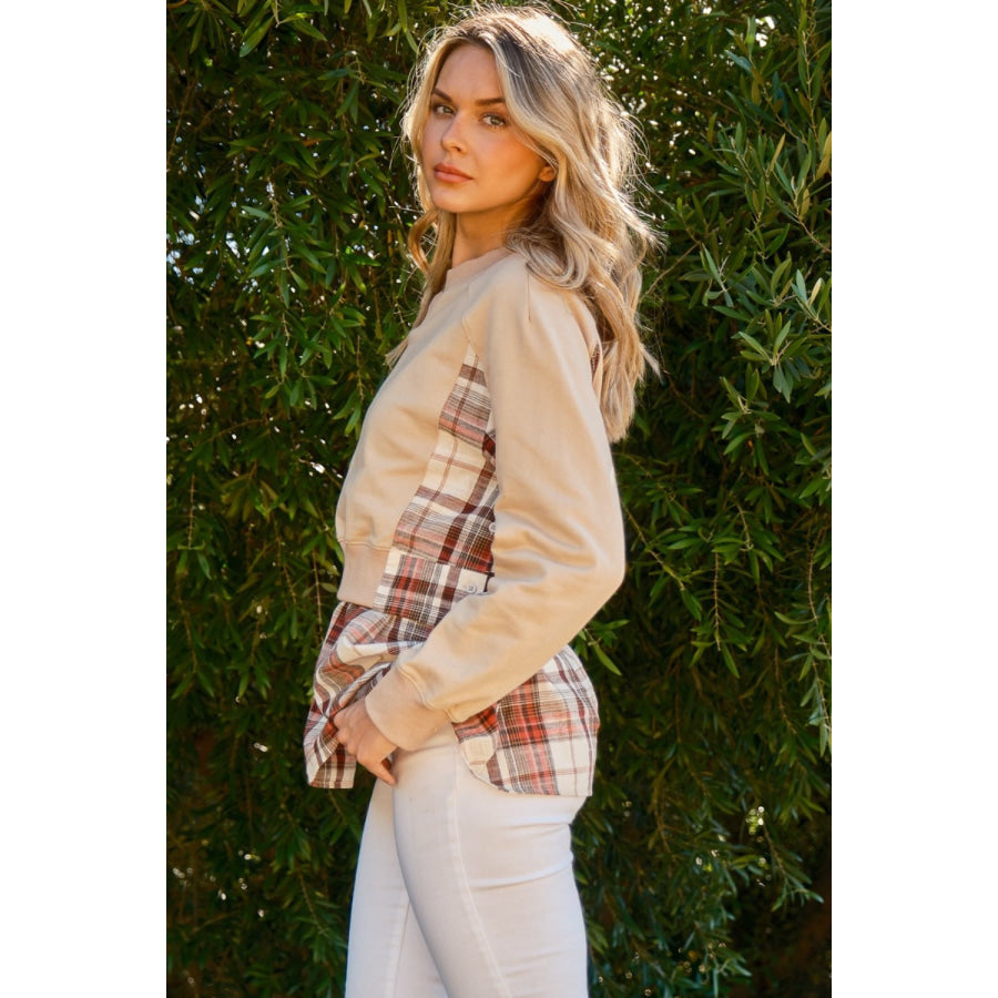 And The Why Full Size Double Layered Plaid Contrast Sweatshirt Taupe / S Apparel and Accessories