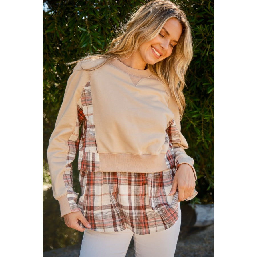 And The Why Full Size Double Layered Plaid Contrast Sweatshirt Apparel and Accessories