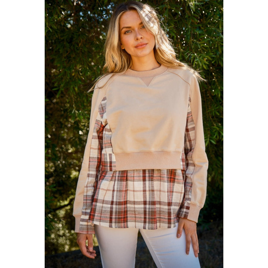 And The Why Full Size Double Layered Plaid Contrast Sweatshirt Taupe / S Apparel and Accessories