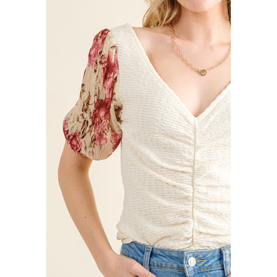 And The Why Full Size Floral Print Textured Sleeve Knit Top Apparel and Accessories