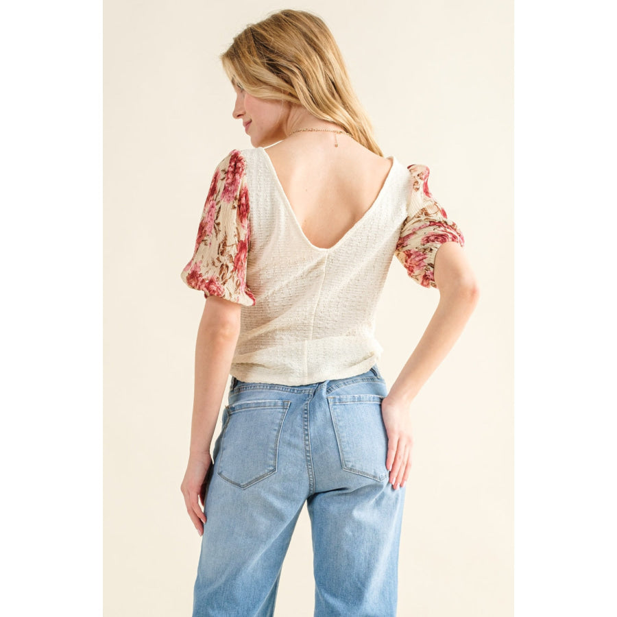 And The Why Full Size Floral Print Textured Sleeve Knit Top Apparel and Accessories