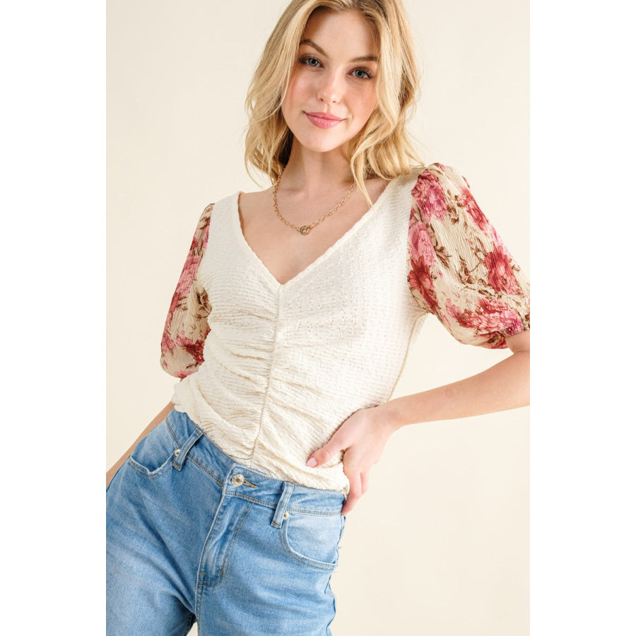 And The Why Full Size Floral Print Textured Sleeve Knit Top Apparel and Accessories