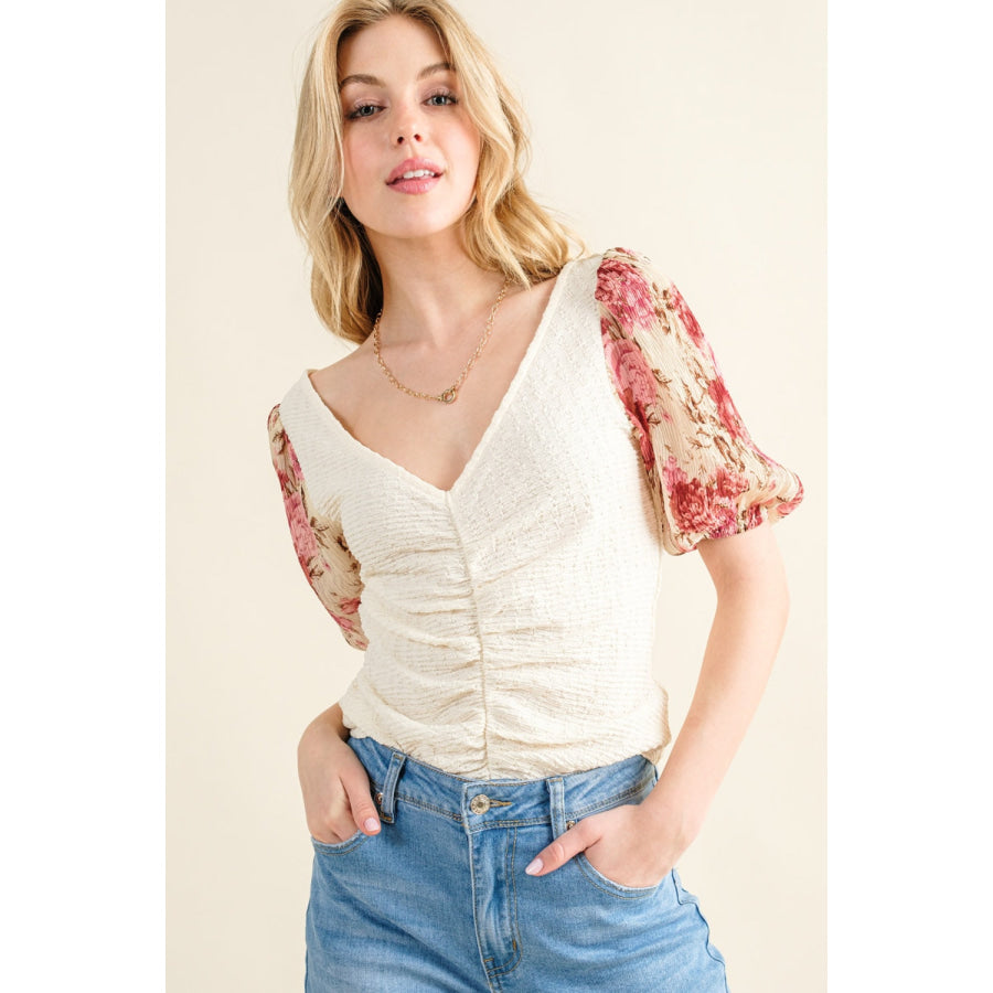 And The Why Full Size Floral Print Textured Sleeve Knit Top Ivory / S Apparel and Accessories