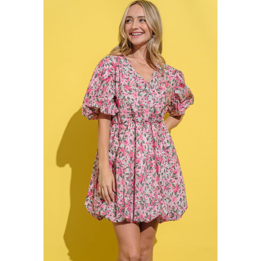 And The Why Full Size Floral Surplice Puff Sleeve Dress Apparel and Accessories