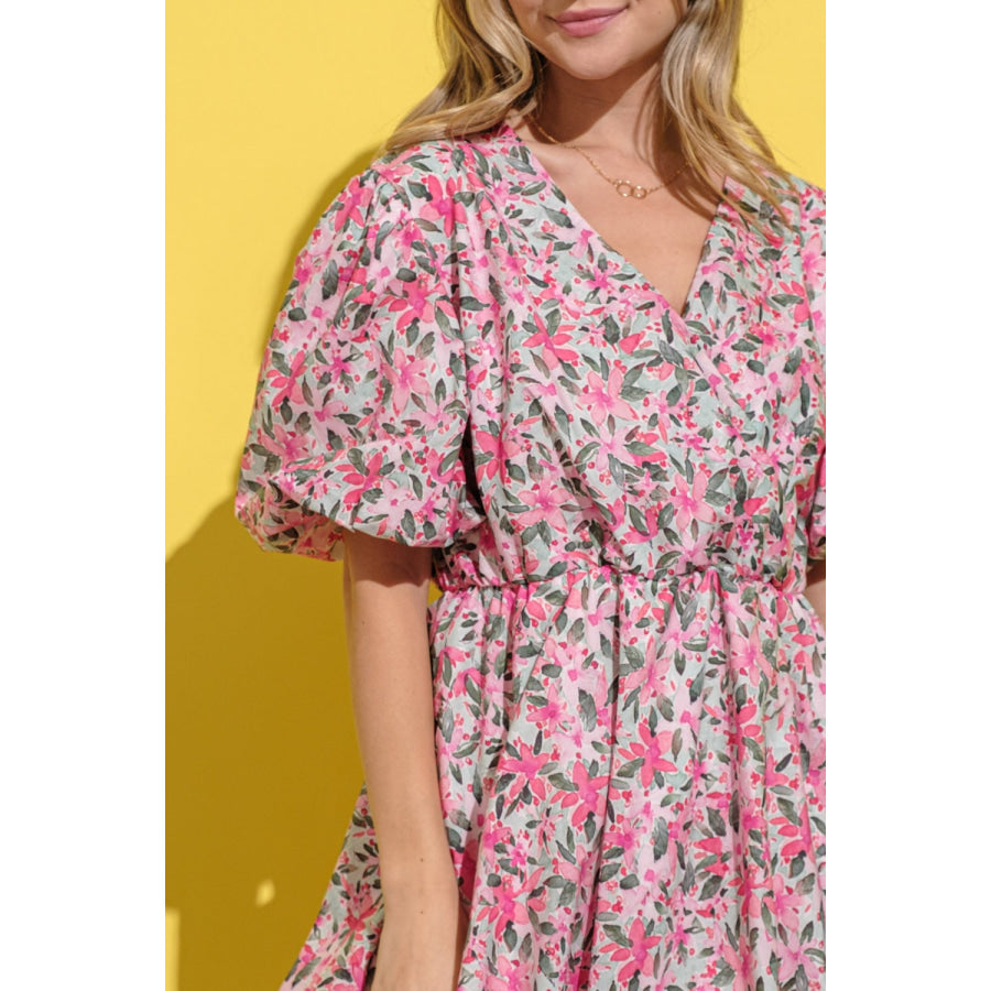 And The Why Full Size Floral Surplice Puff Sleeve Dress Apparel and Accessories