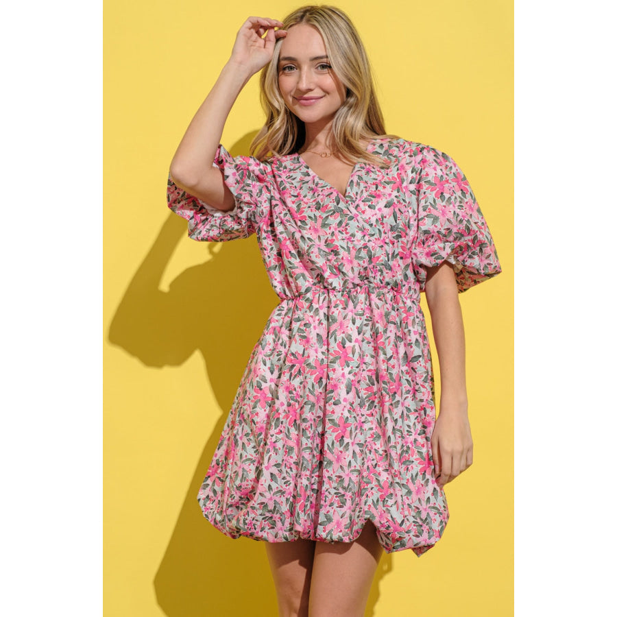 And The Why Full Size Floral Surplice Puff Sleeve Dress Pink Multi / S Apparel and Accessories