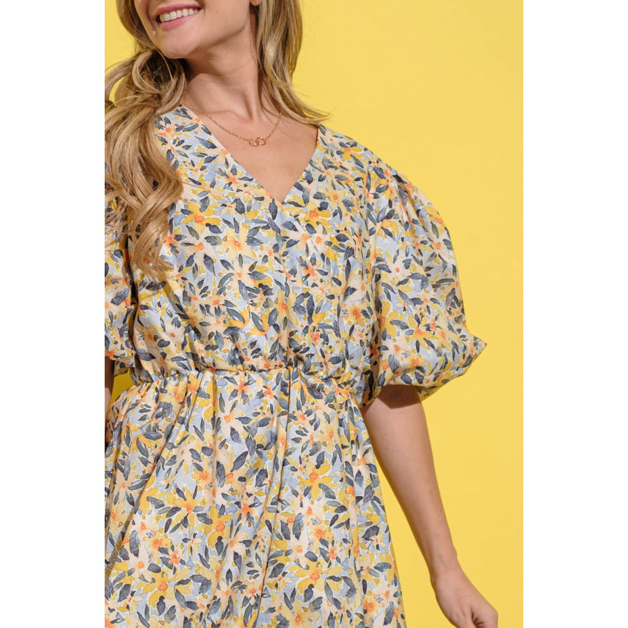 And The Why Full Size Floral Surplice Puff Sleeve Dress Apparel and Accessories