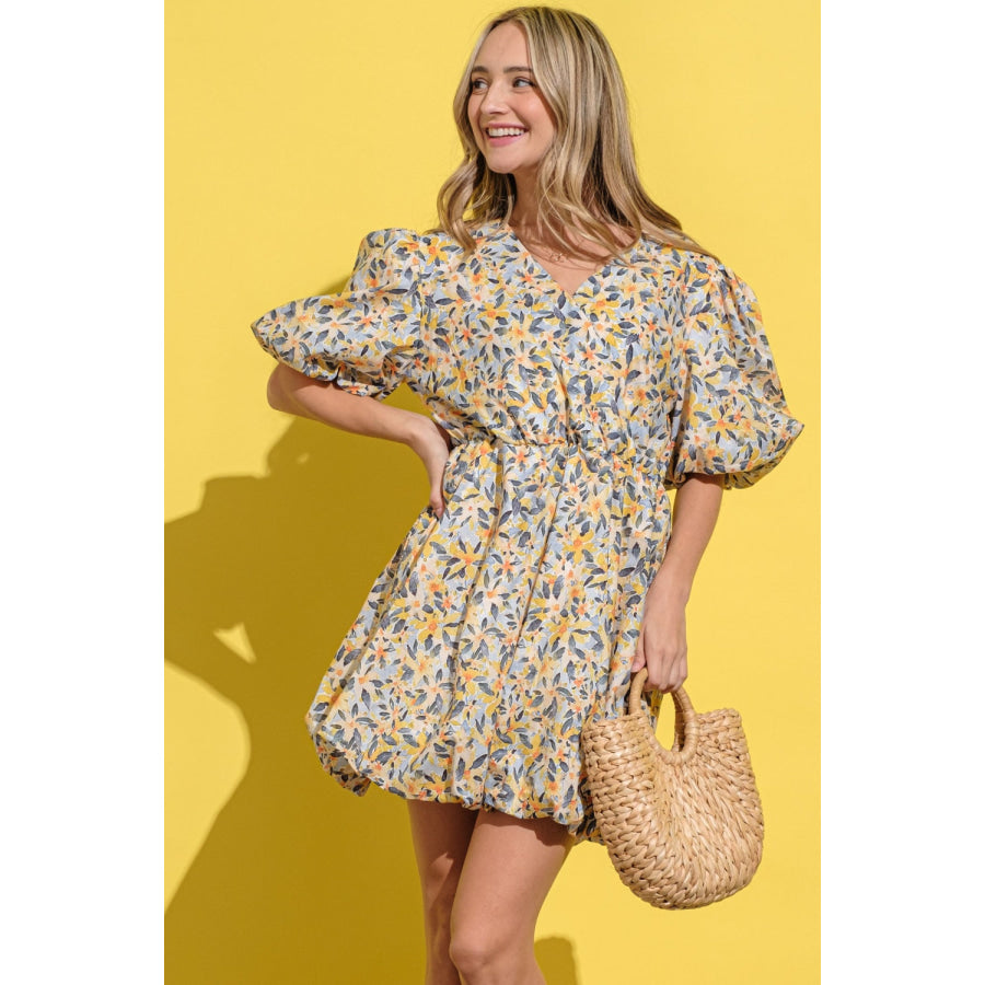 And The Why Full Size Floral Surplice Puff Sleeve Dress Apparel and Accessories