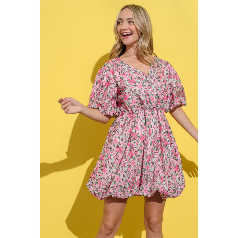 And The Why Full Size Floral Surplice Puff Sleeve Dress Pink Multi / S Apparel and Accessories