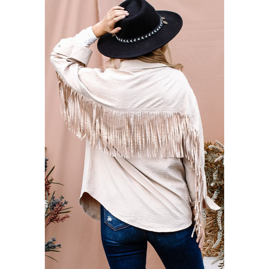 And The Why Full Size Fringe Back Detailed Button Down Shacket Apparel and Accessories