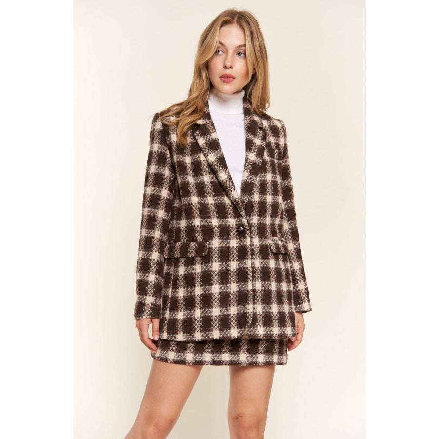 And The Why Full Size Plaid Brushed One Button Blazer Apparel and Accessories