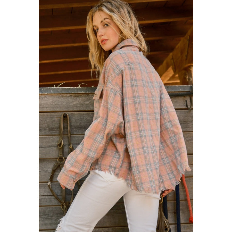 And The Why Full Size Plaid Button Up Raw Hem Shirt Pink / S Apparel and Accessories