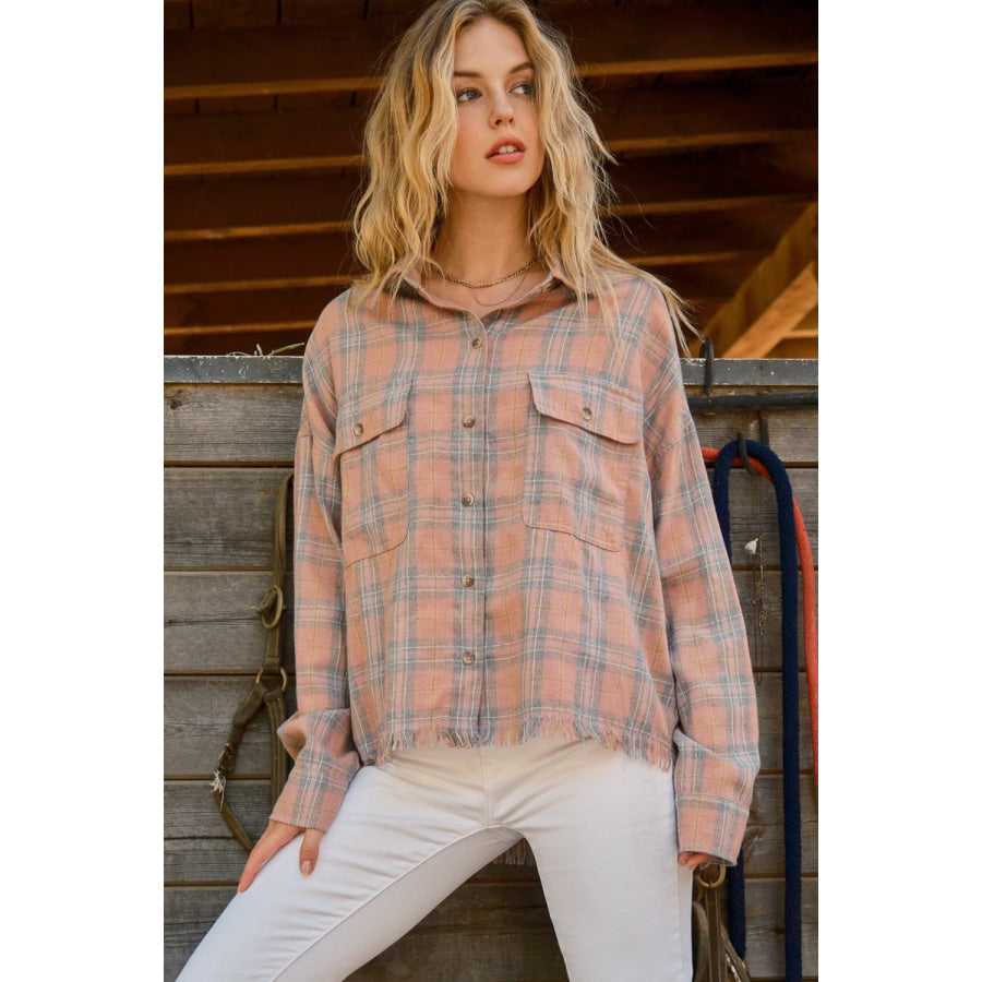 And The Why Full Size Plaid Button Up Raw Hem Shirt Pink / S Apparel and Accessories