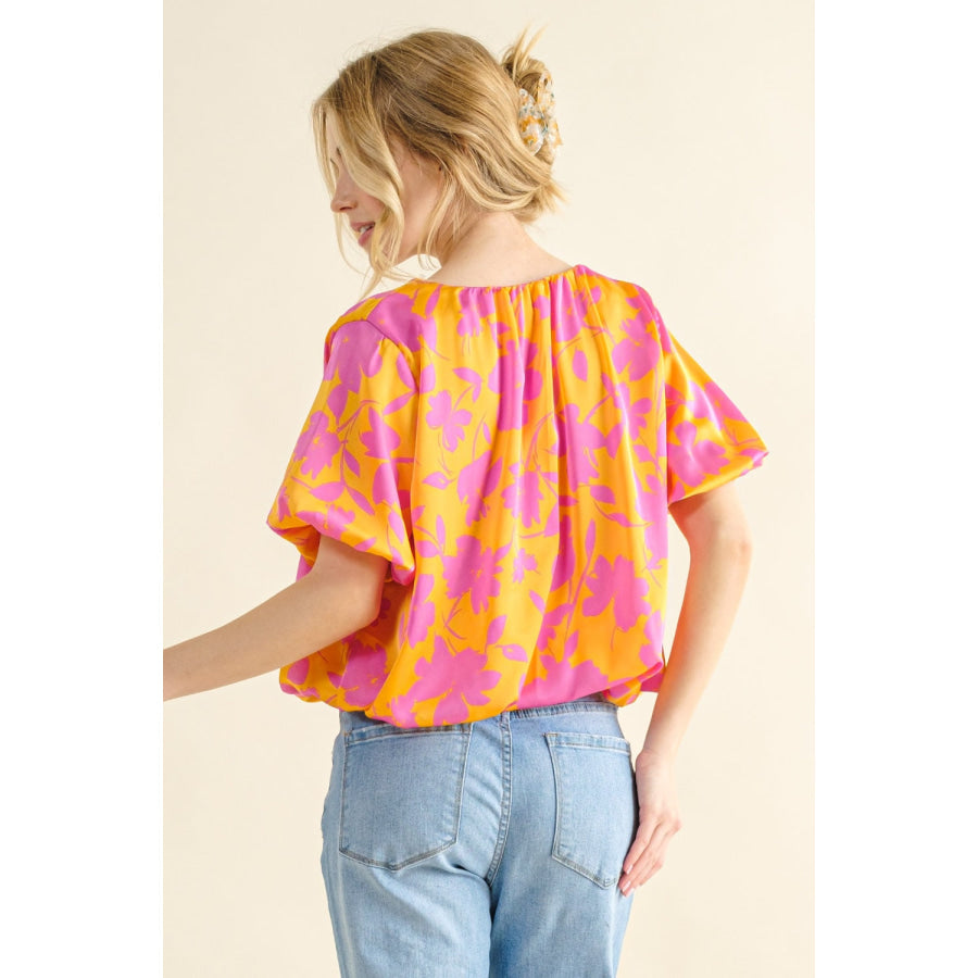 And The Why Full Size Printed Satin Bubble Hem Top Citrus / S Apparel and Accessories