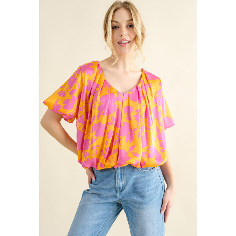 And The Why Full Size Printed Satin Bubble Hem Top Citrus / S Apparel and Accessories