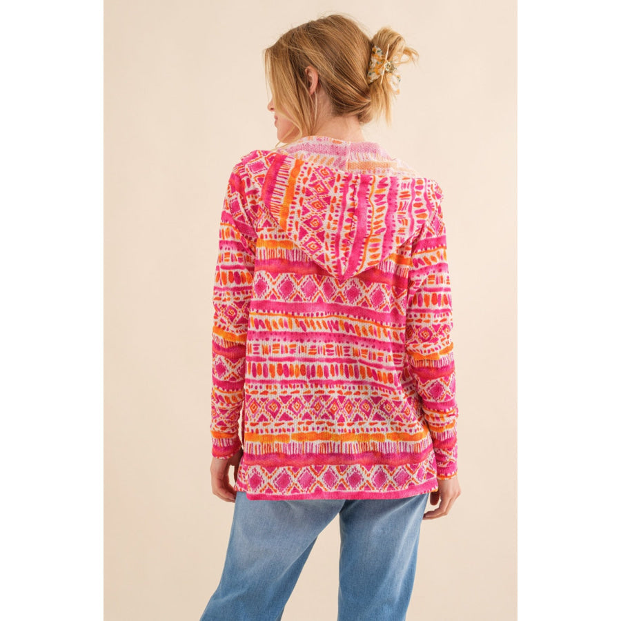 And The Why Full Size Printed Thermal Hooded Open Front Cardigan Coral Multi / S Apparel and Accessories