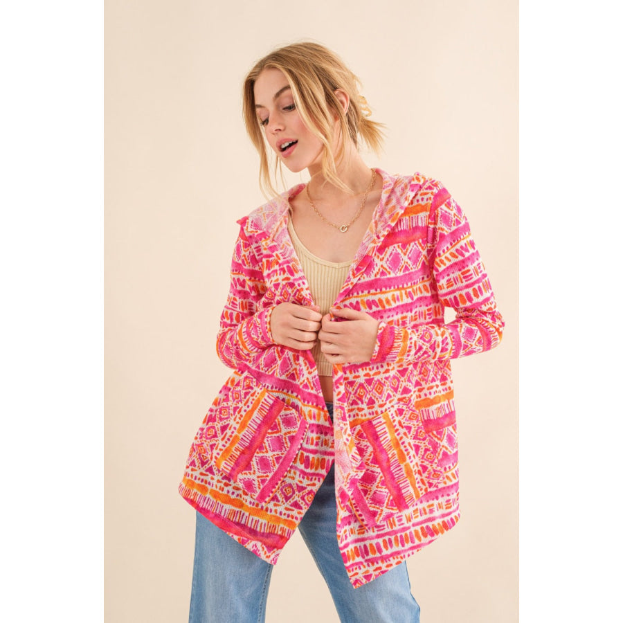 And The Why Full Size Printed Thermal Hooded Open Front Cardigan Coral Multi / S Apparel and Accessories