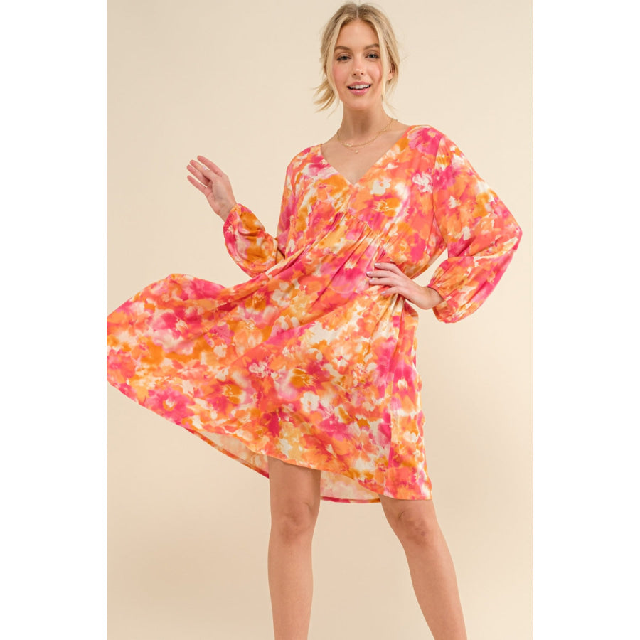 And The Why Full Size Printed Tie Back Long Sleeve Dress Orange Multi / S Apparel and Accessories