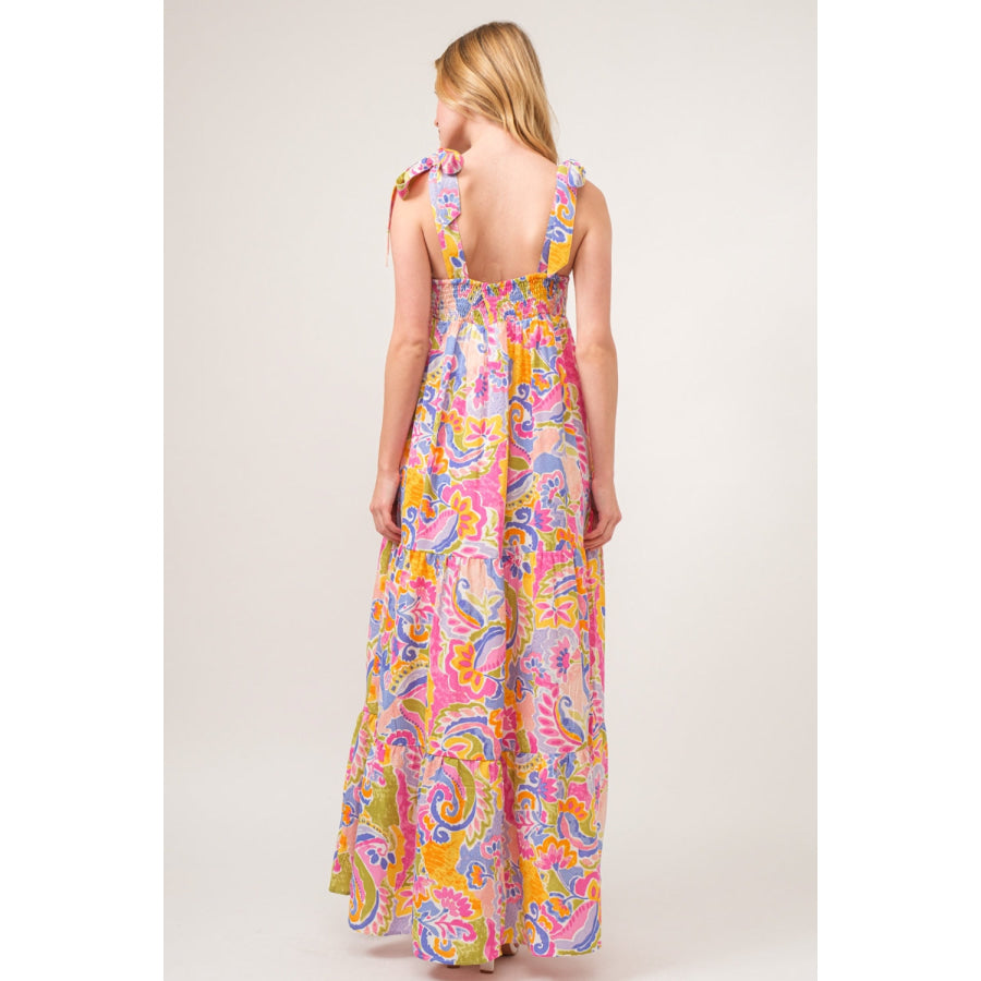 And The Why Full Size Printed Tie Shoulder Tiered Maxi Dress Multicolor / S Apparel Accessories