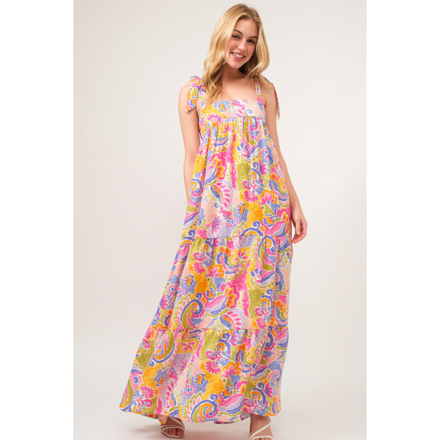 And The Why Full Size Printed Tie Shoulder Tiered Maxi Dress Apparel Accessories