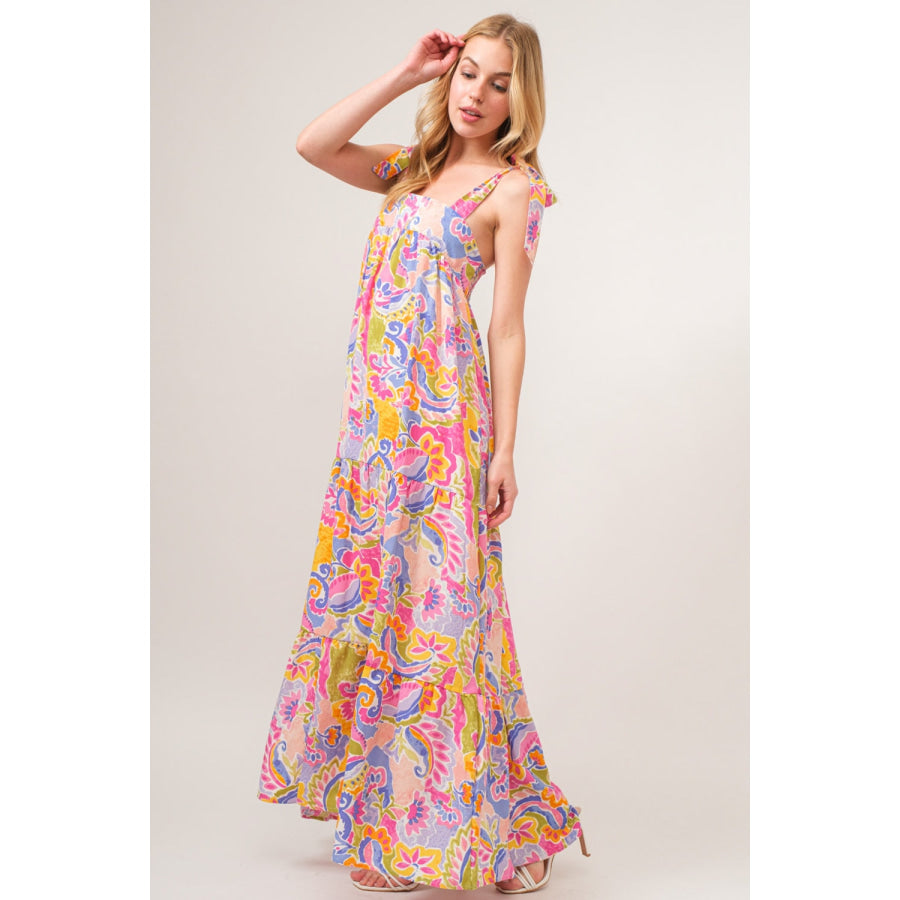 And The Why Full Size Printed Tie Shoulder Tiered Maxi Dress Multicolor / S Apparel Accessories