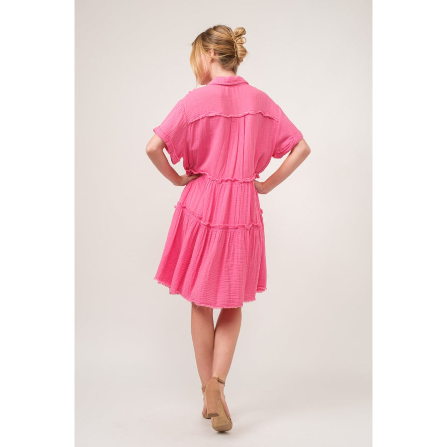 And The Why Full Size Raw Edge Washed Tiered Shirt Dress Pink / S Apparel and Accessories