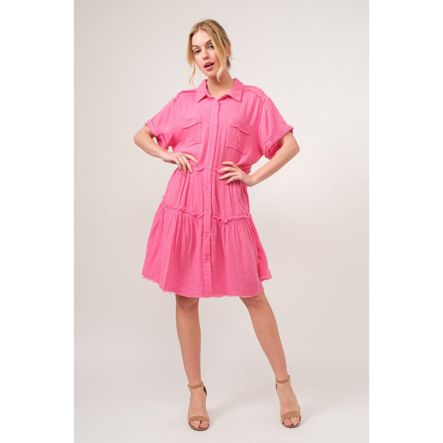 And The Why Full Size Raw Edge Washed Tiered Shirt Dress Pink / S Apparel and Accessories